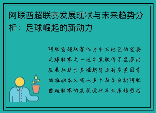 阿联酋超联赛发展现状与未来趋势分析：足球崛起的新动力